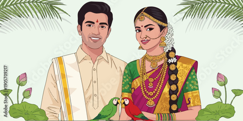 High-quality vector illustration of a traditional Indian wedding couple in ethnic attire. Perfect for Hindu wedding invitations, marriage cards, and cultural event posters.