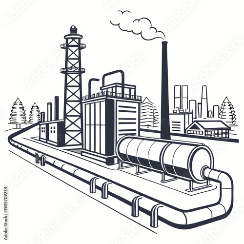 Industrial gas refinery with long pipeline and smokestack
