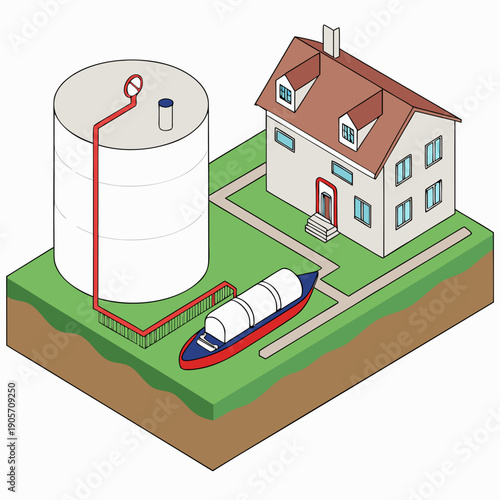 Isometric gas transport infographic with storage tank ship and house