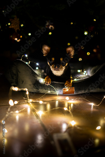 Diego the ChiHuahua ist lying under a Christmas Tree with some fairy lights 2025