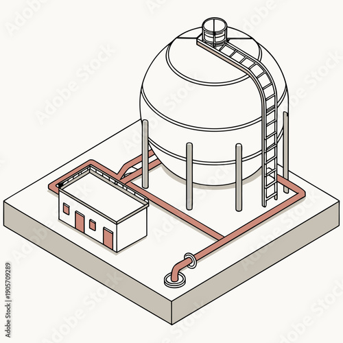 Isometric lng storage facility with tank and control building