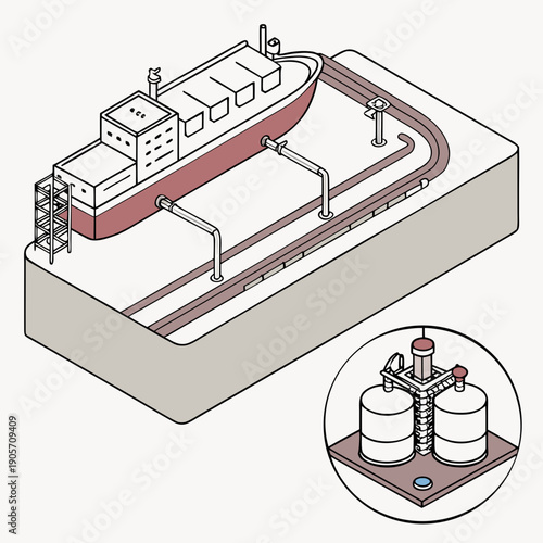 Isometric view of tanker ship docked at import terminal with pipeline and storage tanks