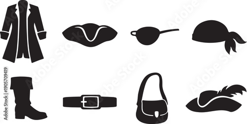 Black Silhouette Pirate and Buccaneer Clothing Accessories Vector Icon Set - Including Tricorn Hat, Eyepatch, Coat, Boots, and Bandana for Adventure, Halloween, and Historical Themes