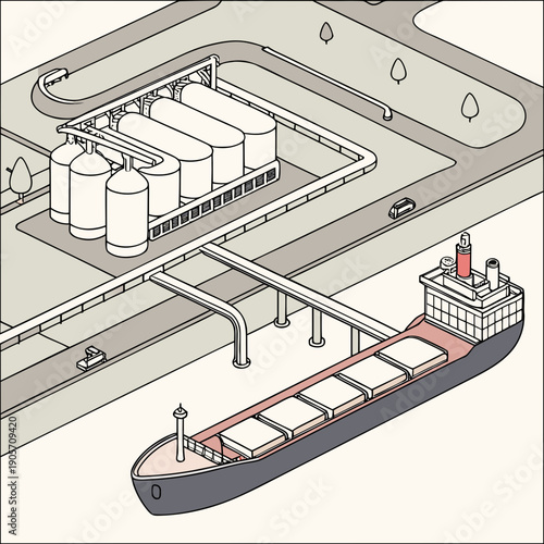 L N G carrier ship unloading gas into pipeline infrastructure