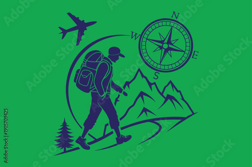 Travel Adventure Silhouette Vector Illustration. People hiking and camping along with the silhouette. Outdoor adventure hiking and backpacking active characters trekking set up tent.