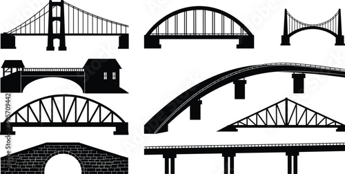 Architecture bridge silhouette collection set including suspension arch beam and truss cable stayed bridge types for engineering design projects