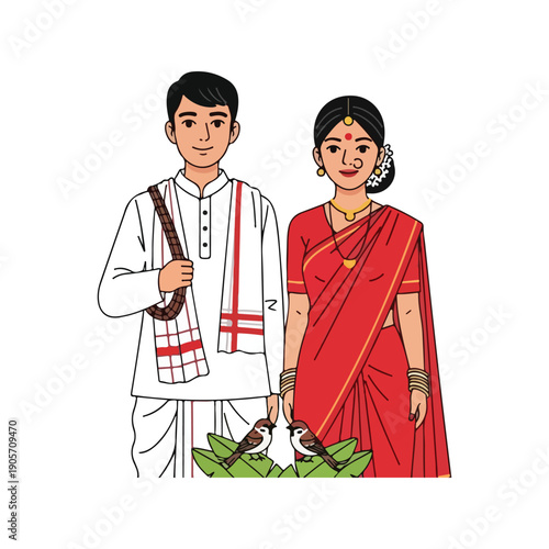 High-quality vector illustration of a traditional Indian wedding couple in ethnic attire. Perfect for Hindu wedding invitations, marriage cards, and cultural event posters.