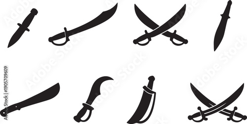 Black Vector Silhouettes of Bladed Weapons: Diverse Set of Knives, Pirate Cutlasses, Crossed Swords, and Machete Icons. Ideal for Gaming, Adventure, or Security Logos.