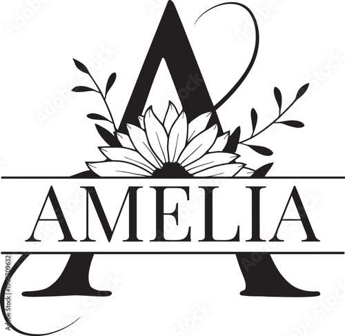 Monogram letter a with sunflower and floral elements split name frame for personalized craft design