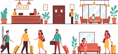 Hotel reception lobby interior with staff and tourists with luggage suitcases traveling for vacation flat vector illustration characters set