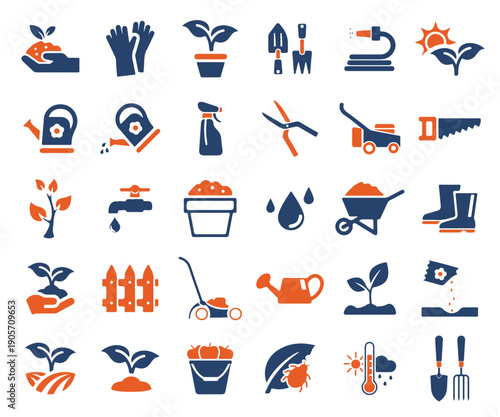 Gardening tools and equipment set flat icons collection with plants, watering, lawn care, and farming vector illustration