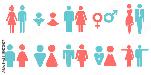 Male and female gender distinguisher icon sheet featuring diverse human figures for identity, restroom signs, profile symbols, equality concepts, and flat vector design in blue and pink