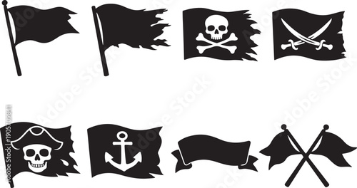 Jolly Roger and Pirate Flag Vector Icon Set: Black Silhouette Collection of Tattered Banners, Skull and Crossbones, Anchor, Crossed Swords, and Waving Nautical Pennants for Game and Design Assets.