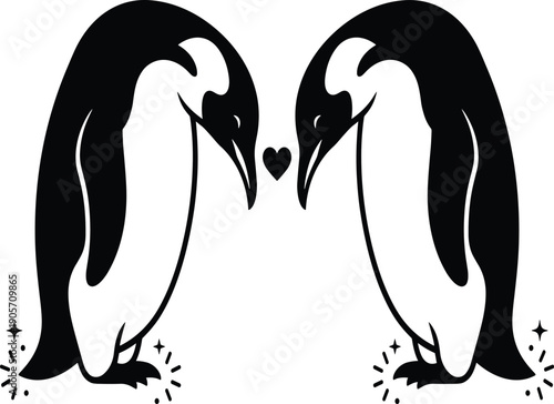 Two Emperor Penguin Silhouette Vector Design Featuring Loving Bird Couple with Heart Shape Ideal for Winter Romance Wedding Branding and Arctic Wildlife Nature Projects