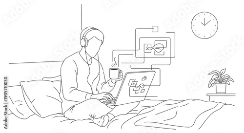 line drawing of a man in bed with laptop and coffee, wearing headphones, with clock and plant nearby, for website or presentation use, Isolated on transparent background, png