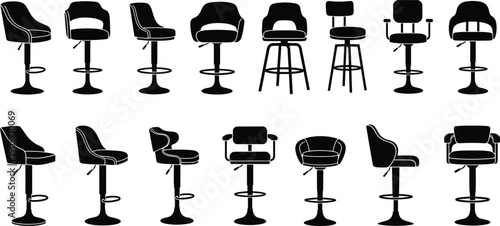 Black bar stool and chair silhouette collection set with modern swivel seating designs isolated on white background, furniture concept, cad drawing flat vector illustration