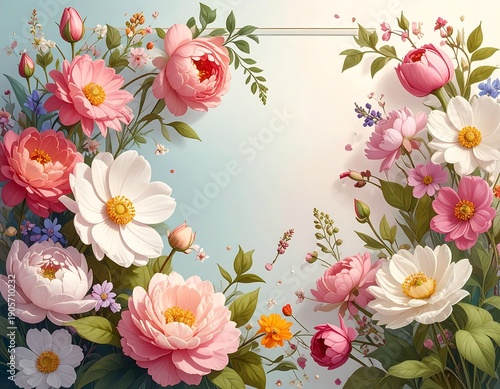 Vibrant pastel floral arrangement featuring pink peonies and white cosmos framing a bright central space for text