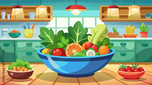 Cartoon vector of a fresh salad bowl with vegetables in clean flat healthy cafe food style