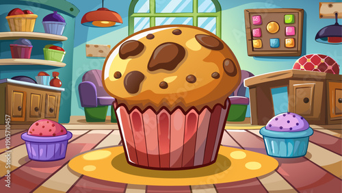 Cartoon vector illustration of a soft muffin with chocolate chips in flat colorful cafe bakery style