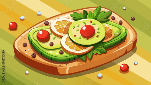 Cartoon vector illustration of avocado toast with simple toppings in minimal flat healthy cafe food style