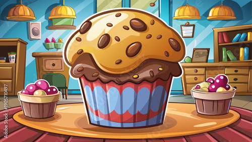 Cartoon vector illustration of a soft muffin with chocolate chips in flat colorful cafe bakery style
