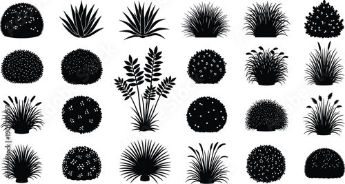 Black bush and grass silhouette collection set isolated on white background, garden shrubs ornamental plants landscaping elements, cad drawing flat vector illustration