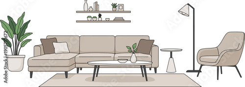 Modern minimalist living room interior design with sofa armchair indoor plants and wall shelves in hand drawn line art style