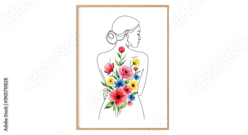 Minimal Female Silhouette with Watercolor Floral Bouquet Wall Art, International Women's Day
