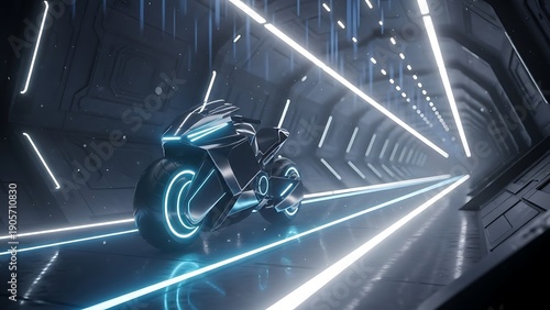 Experience the future: a sophisticated glowing motorcycle races through an illuminated science fiction passage