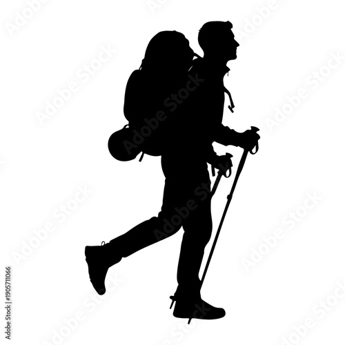 Backpacker hiking with trekking poles outdoor adventure silhouette vector
