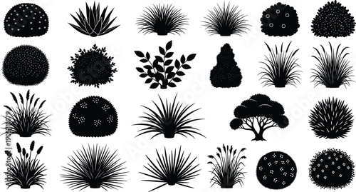 Black bush and shrub silhouette collection set isolated on white background, garden plants foliage elements, landscaping nature, cad drawing flat vector illustration