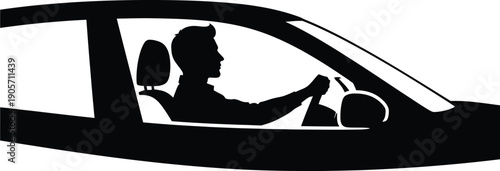 Person drives car sitting inside vehicle with steering wheel in hand on road