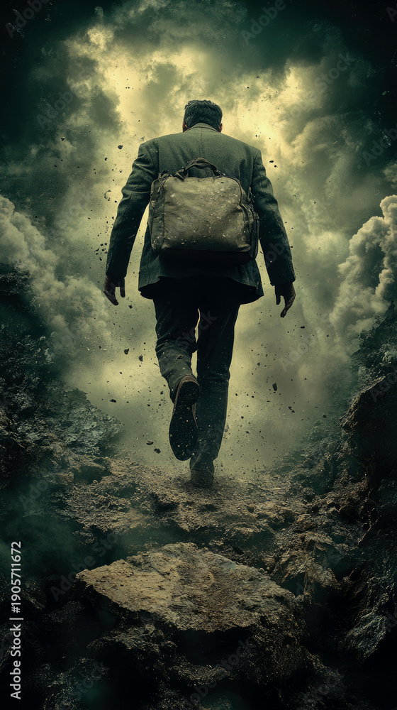 Fototapeta premium Lone man in suit with backpack walks forward through desolate, debris-filled landscape under stormy, dramatic sky, symbolizing struggle and perseverance.