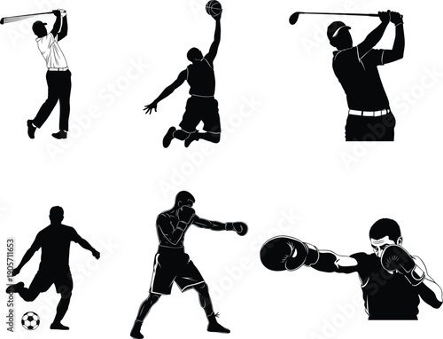 Diverse Athlete Silhouettes: Golf, Basketball, Boxing, and Soccer.
