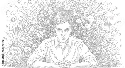 Vector illustration of stressed businessman with chaotic thoughts, for marketing or presentation, Isolated on transparent background, png