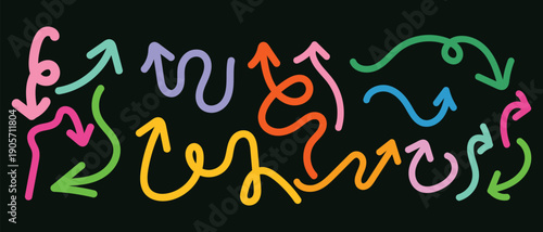 Creative wavy hand drawn arrows and curly pointer set