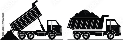 Black dump truck silhouette set showing loading and unloading construction vehicle isolated on white background, heavy machinery transport, cad drawing flat vector illustration