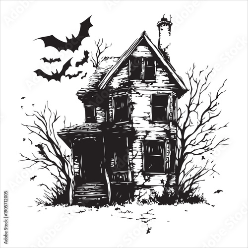 Silhouette Halloween house with bats flying around it and a pumpkin on the ground isolated on white background.