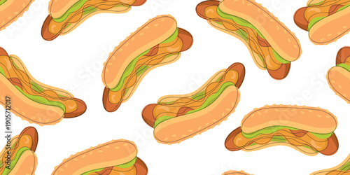 Seamless vector pattern with hot dogs in soft buns with sausage, mustard and cheese sauce on white background. Ideal for textile printing and fast food surface design.
