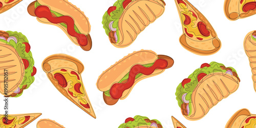 Seamless vector pattern with pepperoni pizza slices, hot dogs and crunchy tacos on white background. Fun fast food design for textile printing, packaging and surface patterns