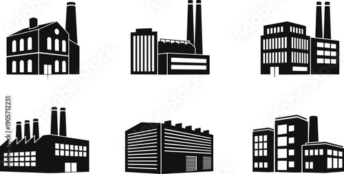 Black factory and industrial building silhouette collection set isolated on white background, manufacturing plants and warehouses, industry concept, cad drawing flat vector illustration