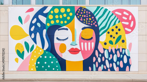 Vibrant abstract mural featuring stylized woman's face with closed eyes, adorned with bright colors, geometric shapes, and organic patterns, creating cheerful and artistic street art piece on modern b