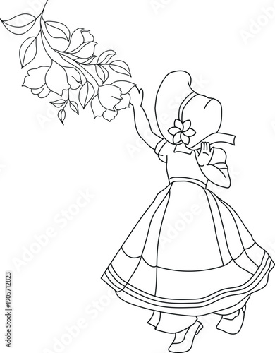 A charming hand-drawn illustration featuring a little girl in a vintage dress and sunhat, reaching out to touch a floral branch. This nostalgic line art captures innocence and curiosity. 