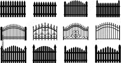 Black fence and gate silhouette collection set with wooden and metal barriers isolated on white background, garden boundary flat vector illustration