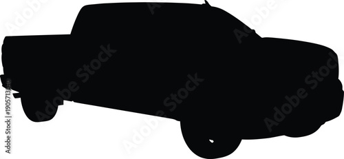 A black silhouette of a pickup truck is shown driving on a road