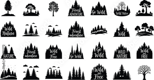 Black forest and nature silhouette badge collection set with trees mountains adventure quotes isolated on white background, outdoor typography design, cad drawing flat vector illustration