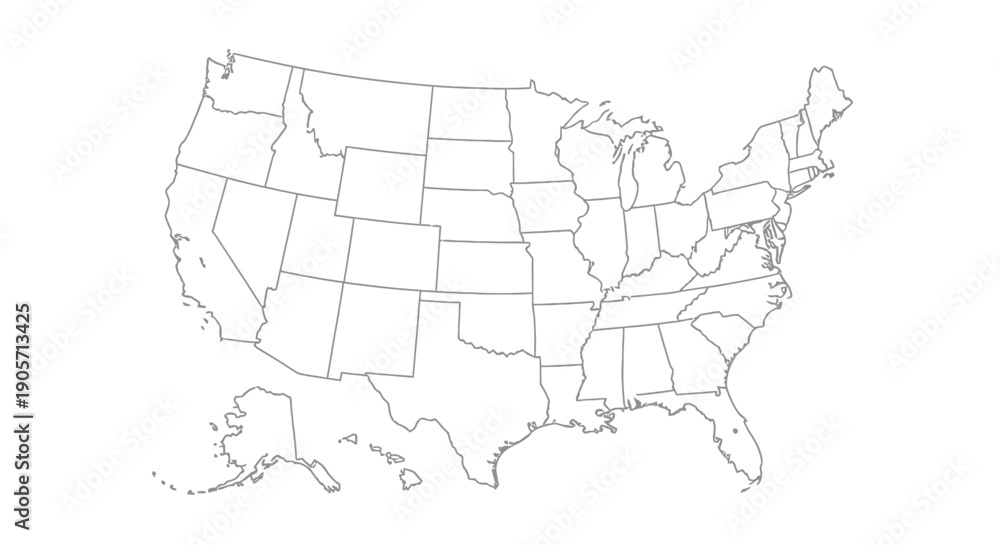 Obraz premium Outline Map of United States with State Borders, Isolated White Background