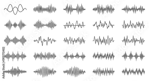 Collection of Sound Waves and Audio Waveforms, Isolated White Background