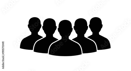 Silhouette of Group of Five People, Teamwork and Community Concept, Isolated White Background.