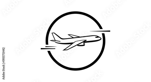 Airplane in Circle with Speed Lines, Global Air Transportation Symbol, Isolated White Background.
